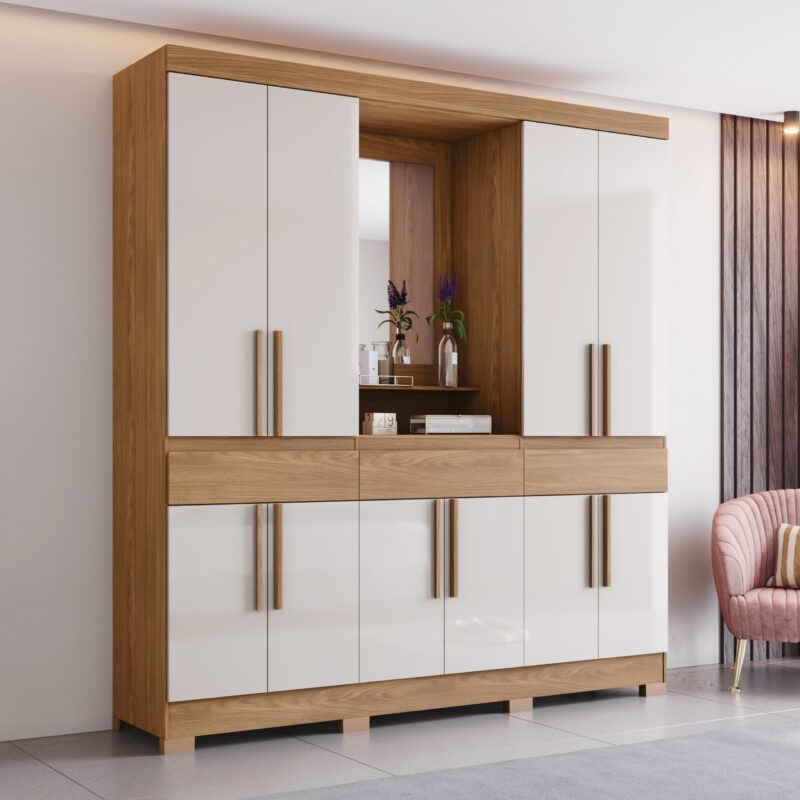 ARMOIRE 10P /MIROIR BEIGE BOIS 2000 × 2150 × 465 B374-127 ARM-B374-127