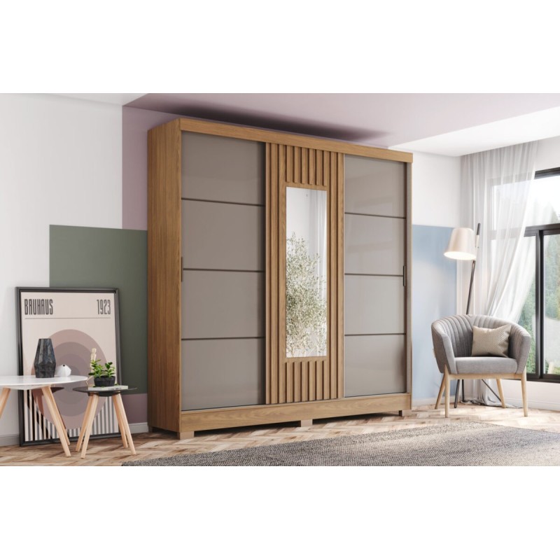 ARMOIRE COULISSANTE /MIROIR GRIS BOIS 2000 × 2150 × 480 B376-222 ARM-B376-222