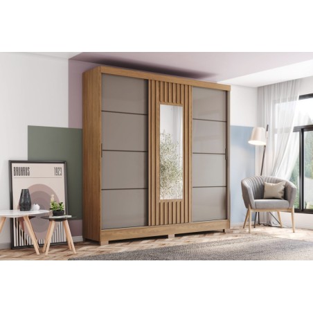 ARMOIRE COULISSANTE /MIROIR GRIS BOIS 2000 × 2150 × 480 B376-222 ARM-B376-222