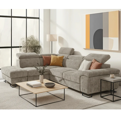 Canapé d'angle convertible beige/marron avec rangement - 276x212x79