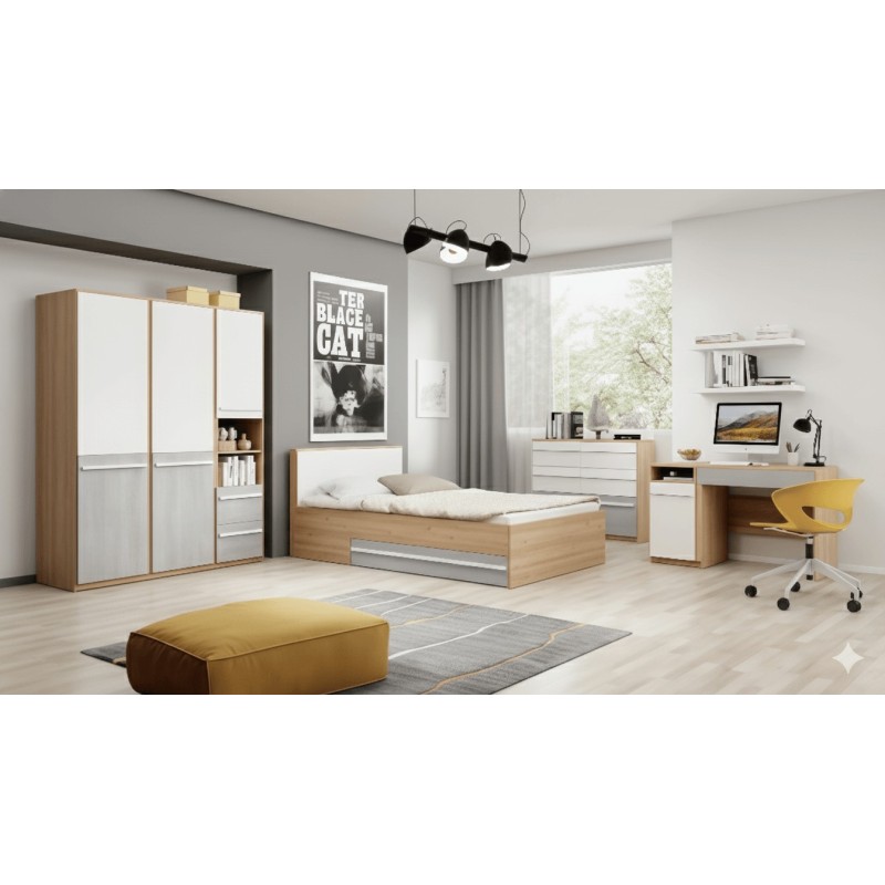 CHAMBRE A COUCHER UL25BE0201 LIT140 × 200/COMMODE/1CHEVET/ARMOIRE 3PORTES /BUREAU CHAMBRE-UL25BE0201
