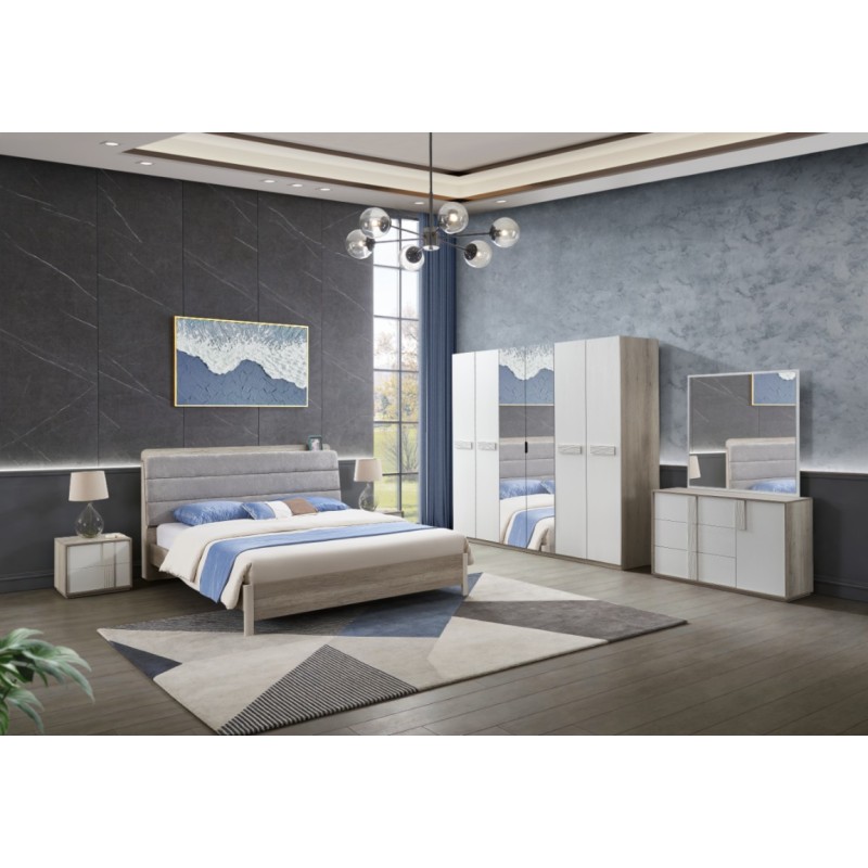 CHAMBRE DZ19A BOIS LIT160+2 CHEVET +ARMOIRE 6PORTES M58/M40 +2ETAGERES GRIS BLANC CHAMBRE-DZ19A