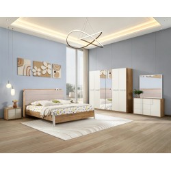 CHAMBRE DZ19B LIT160+2 CHEVET +ARMOIRE 6PORTES M82/M03 +2ETAGERES BEIGE BLANC CHAMBRE-DZ19B