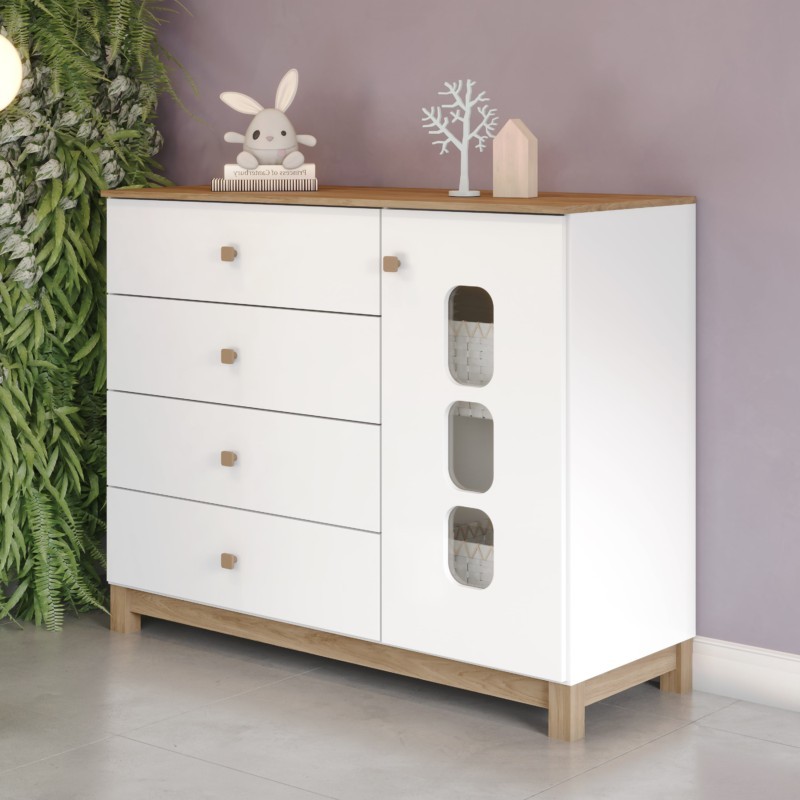 COMMODE DE RANGEMENT 1P/4T BOIS/BLANC 1265 × 1030 × 510 I724-190 COMM-I724-190
