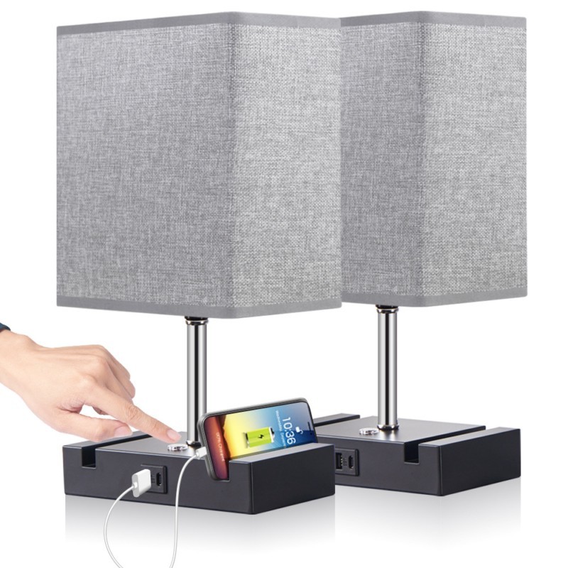 LAMPE DE TABLE USB A+C GRIS CHARGEABLE LZ002 AVEC REPOSE TEL LAMPE-LZ002