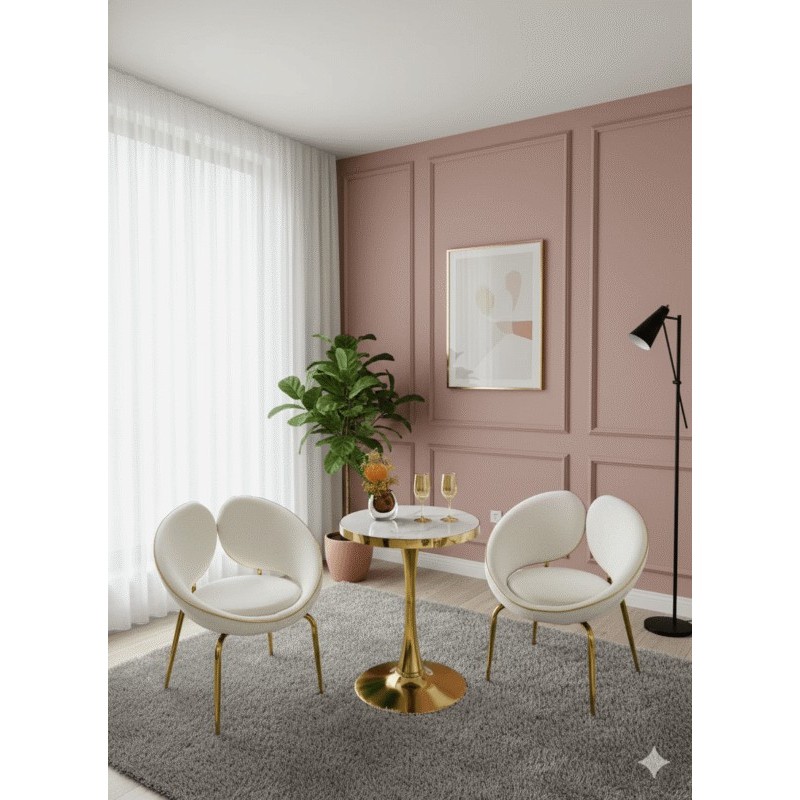 TABLE D’APPOINT MARBRE / 2 CHAISES PETALES BEIGE 8029BEIGE TABLE-8029BEIGE