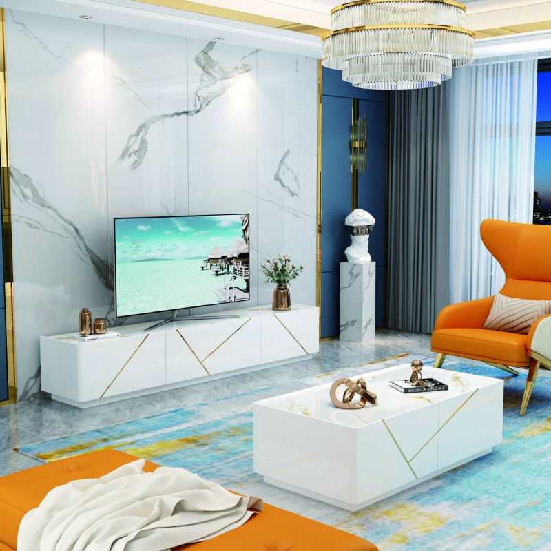 TABLE TV 92175 2000 × 400 × 450 BLANC DORE TABLETV-92175