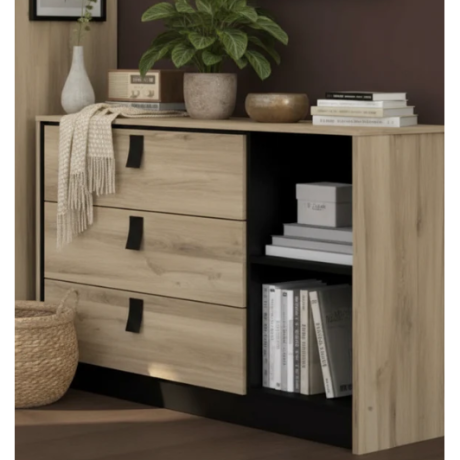 Commode Kieran 3 tiroirs 2 niches bois