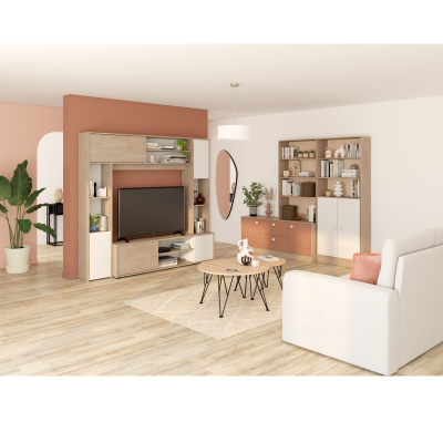 Meuble TV EWEN 180cm - Portes coulissantes et classiques - Chêne Blanc