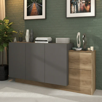 Enfilade Paradoxe 3 Portes 2 Tiroirs Chêne Gris - 183x42x90cm