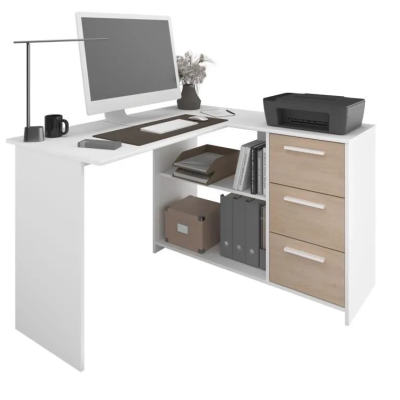Bureau d'angle 3 tiroirs bois blanc - 121x74.5x111cm