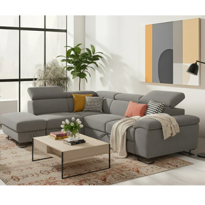 Canapé-lit avec rangement - Tissu gris - 276x212x79 cm