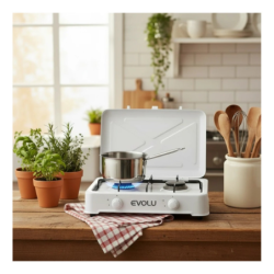 RECHAUD A GAZ 2 FEUX EVOLU JK-002SC-CE-BLANC AVEC COUVERCLE BLANC