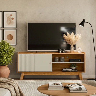 Meuble TV AURUM 160cm - Bois Blanc (65")