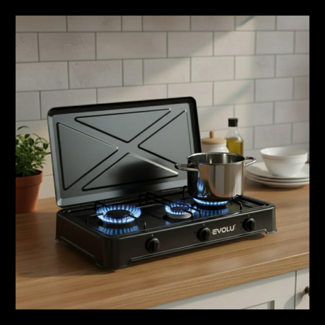 RECHAUD A GAZ 3 FEUX EVOLU JK-003SC-CE-BLACK AVEC COUVERCLE NOIR